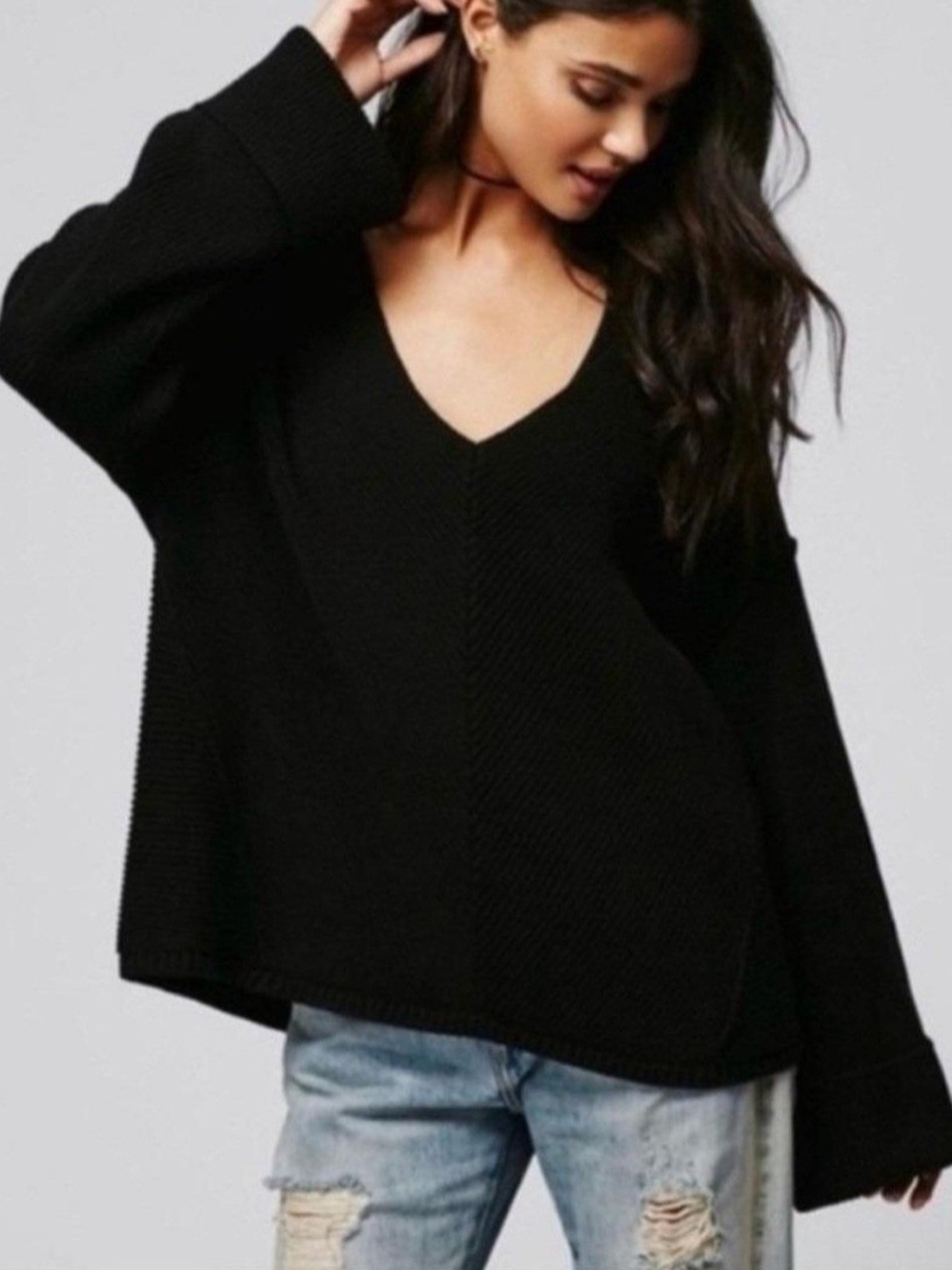 Free People Oversized Black V-Neck Sweater